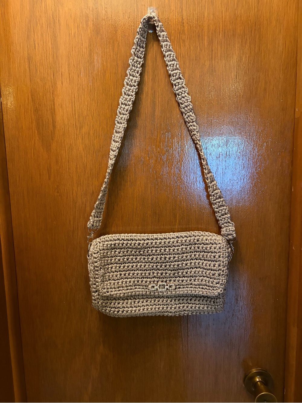 Handmade Taupe Crochet Shoulder Bag - Women's Casual Crossbody
